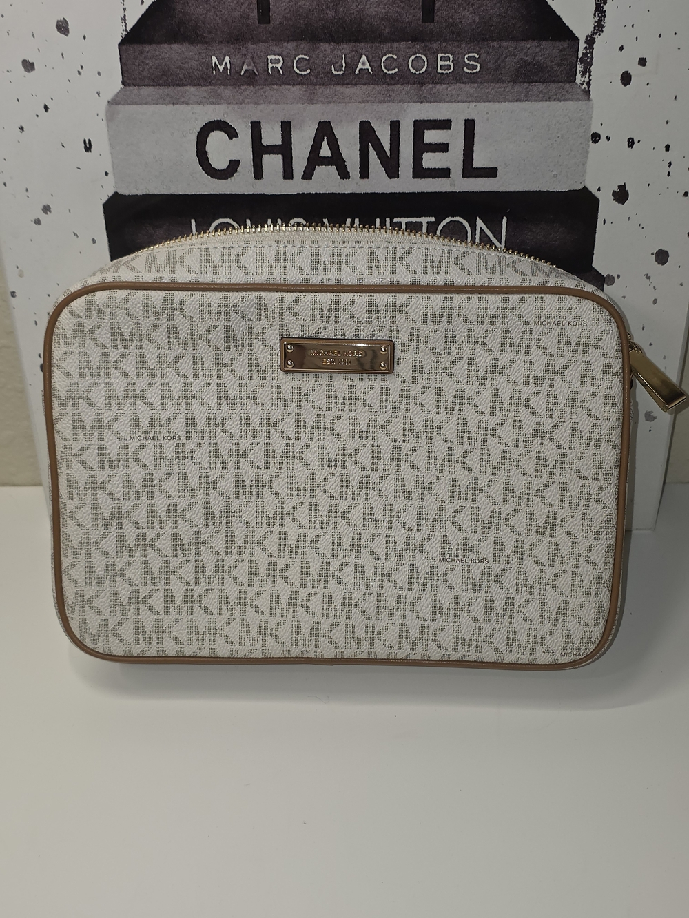 Michael Kors Jet Set Beige And White Signature MK Crossbody Bag